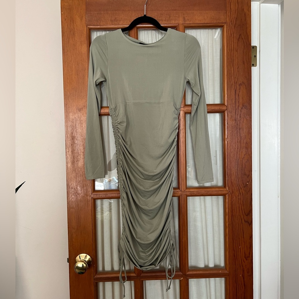 Sage Green Long Sleeve Ruched Dress